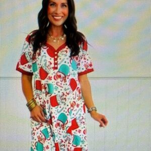 Women's Floral Print Pajama Dress - Red and Teal